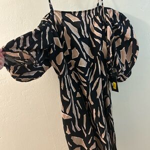 DKNY Black and Tan Puff Sleeve Cocktail Sundress